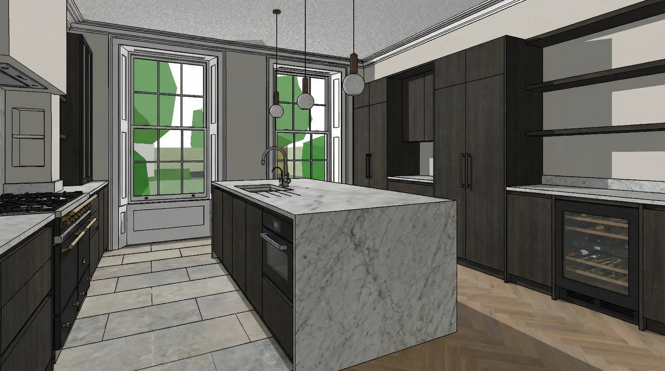 CAD render of a modern kitchen design